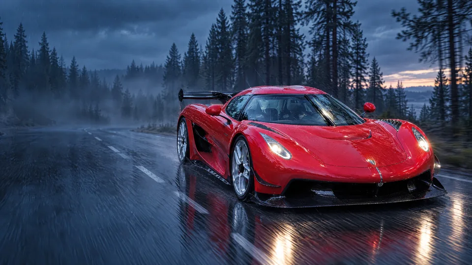Peça de branding em 16:9: Koenigsegg Jesko de frente em estrada molhada na floresta ao entardecer