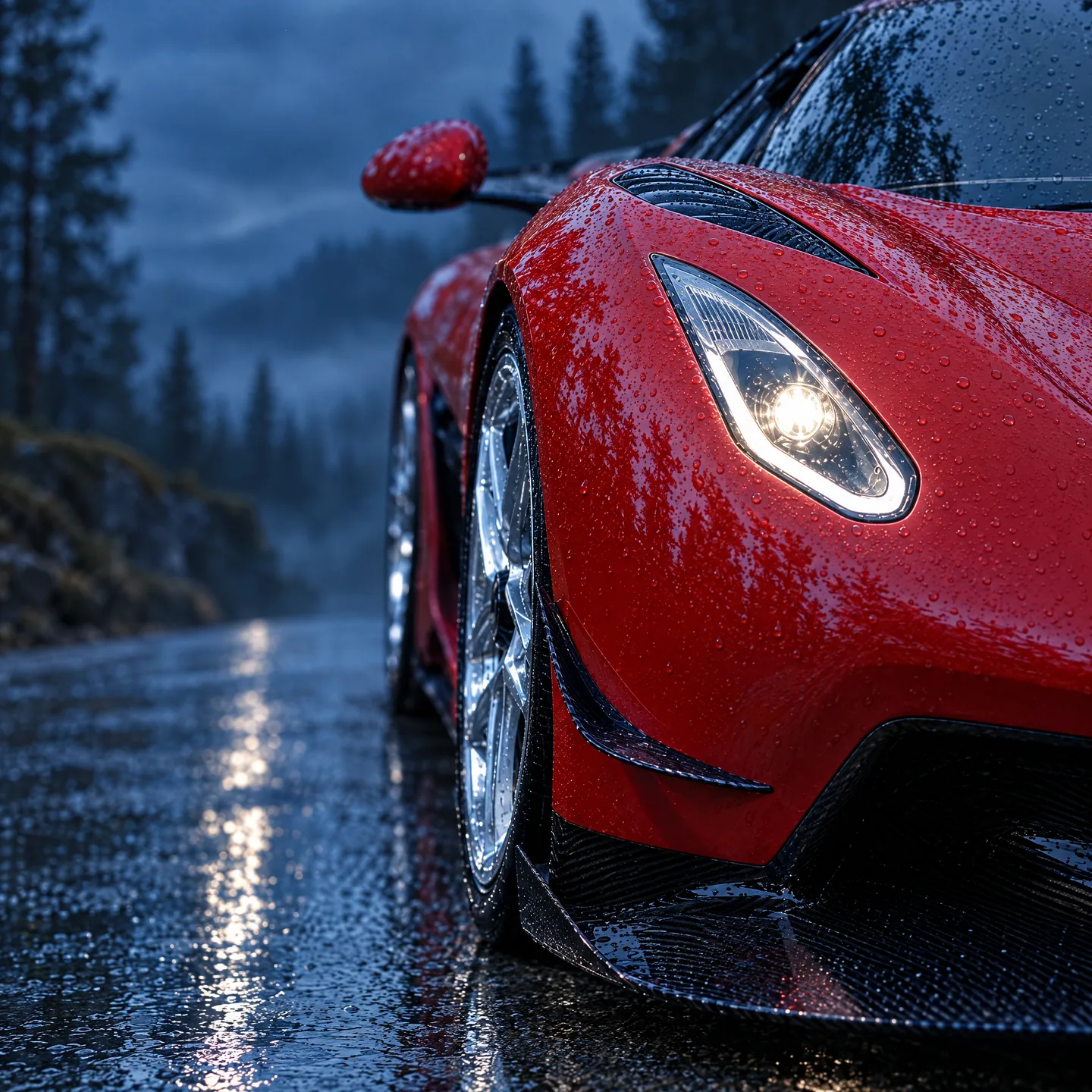 Peça quadrada de produto: farol do Koenigsegg Jesko aceso com gotas de chuva