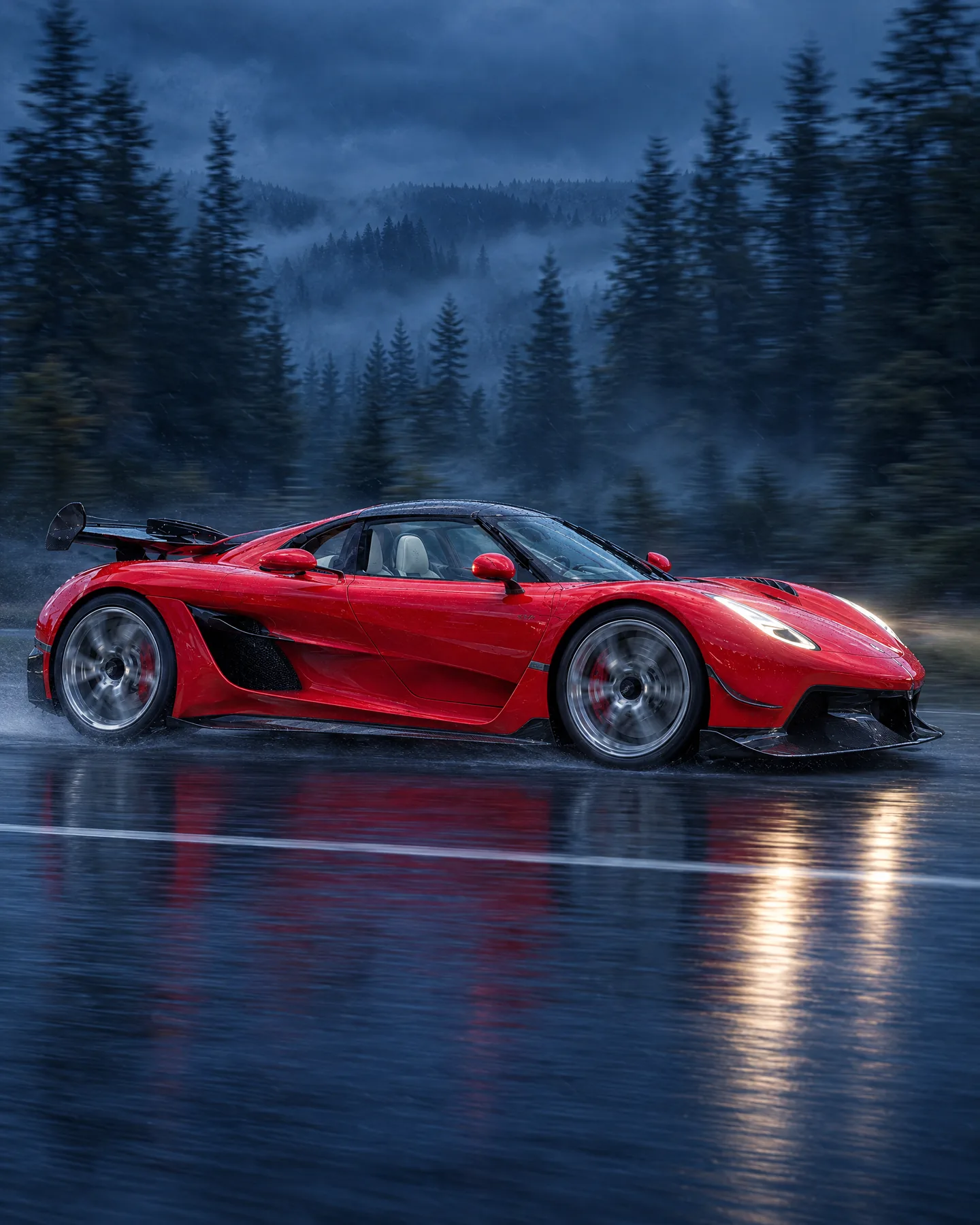 Peça de conversão em 4:5: Koenigsegg Jesko de perfil em movimento na estrada molhada