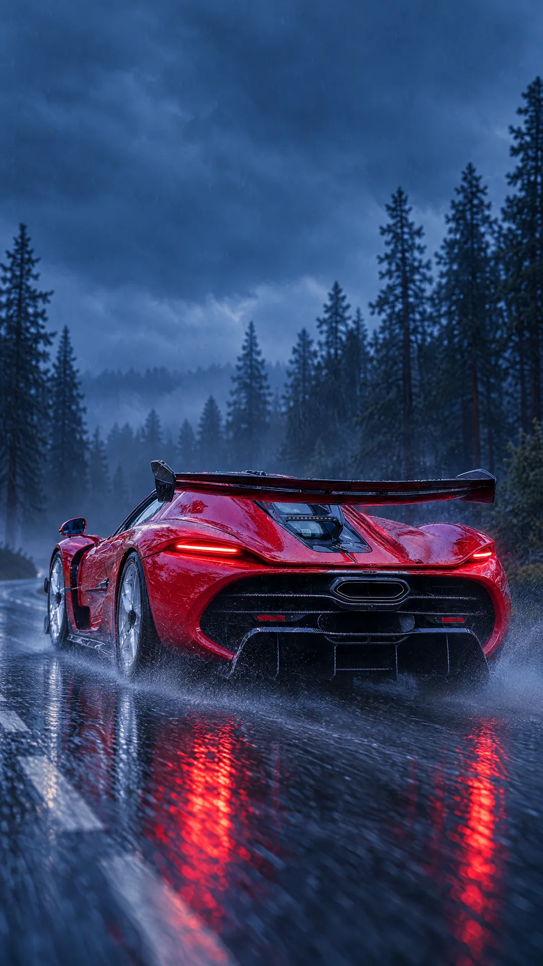 Peça vertical para Reels: traseira do Koenigsegg Jesko com as lanternas acesas na névoa