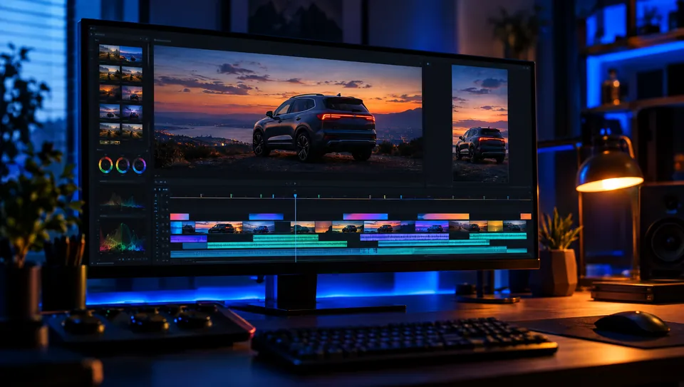 Edição de vídeo automotivo com versões horizontal e vertical lado a lado na tela