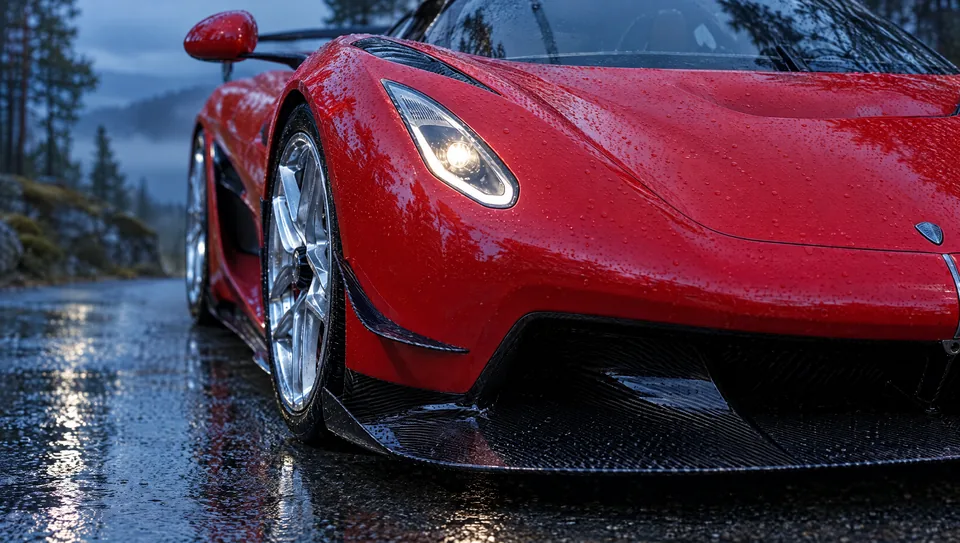 Detalhe do farol e do splitter dianteiro do Koenigsegg Jesko com gotas de chuva