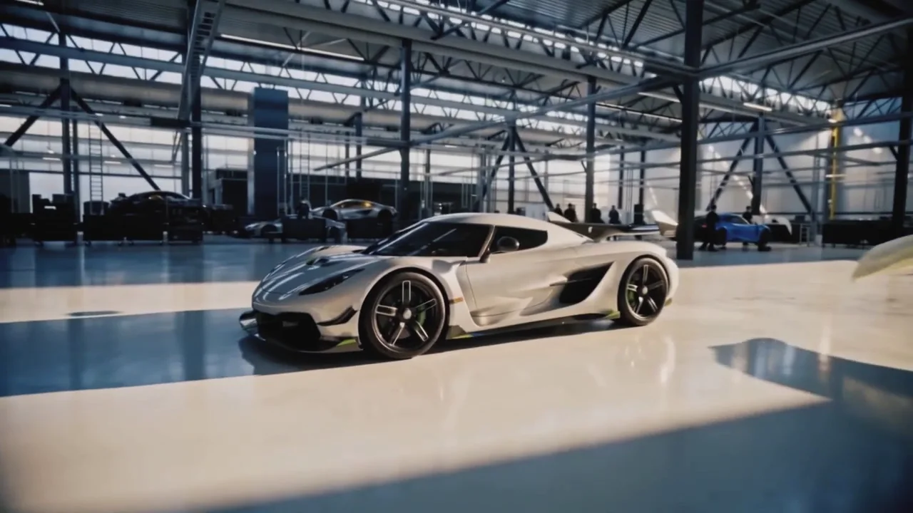 Koenigsegg Jesko branco num hangar industrial iluminado pelo sol