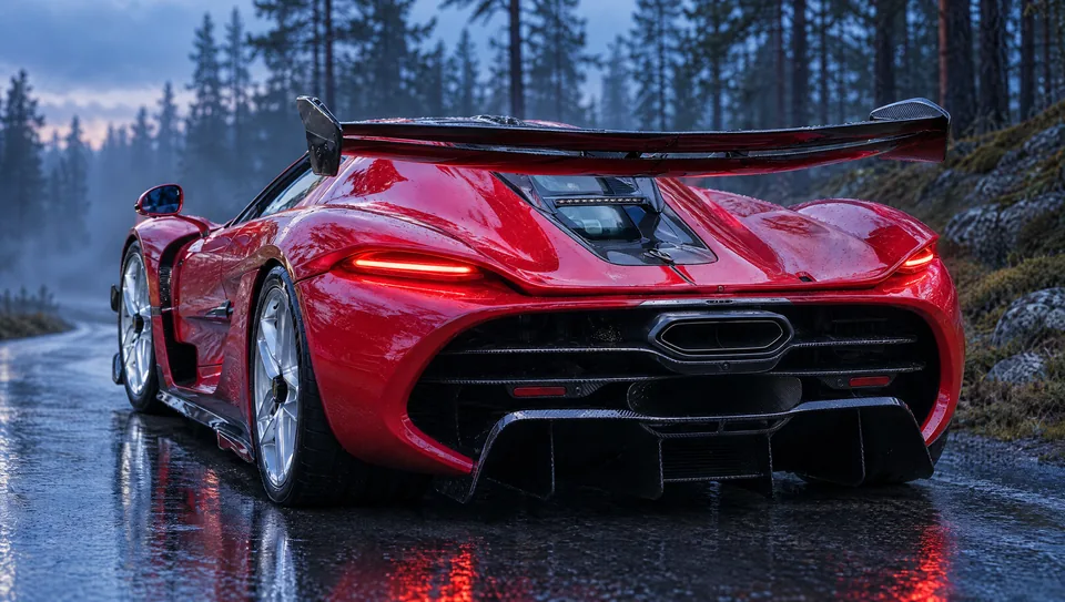 Traseira do Koenigsegg Jesko com a asa e as lanternas acesas