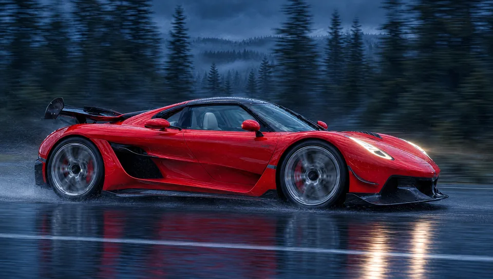 Koenigsegg Jesko em movimento, de perfil, em estrada molhada na floresta