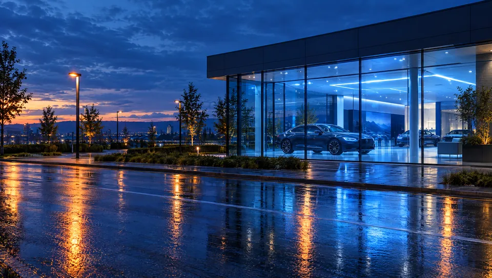 Showroom de concessionária iluminado à noite, com um sedã em exposição atrás da vitrine